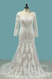 2024 Bateau Wedding Dresses Mermaid Long Sleeve Tulle With Applique PMEK38XJ