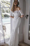 2 Pieces Ivory Lace Mermaid Off the Shoulder Wedding Dresses, Beach Wedding Gowns STG14986