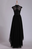 2024 Black Prom Dresses Scoop Tulle With Beads & Applique PT5334NN
