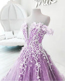 Ball Gown Off the Shoulder V Neck Tulle Lavender Beads Prom Dresses, Quinceanera Dresses STG15562