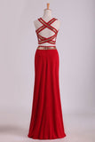2022 Open Back Prom Dresses Two Pieces Spandex With Beads And Slit PRKBJL1T