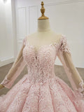 Elegant Ball Gown Pink Long Sleeves Appliques Prom Dresses, Quinceanera STG20482