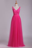 2024 Bridesmaid Dresses V Neck A Line With Embroidery And Sash PK6D47ZG