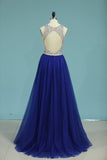 2024 A Line Scoop Beaded Bodice Prom Dresses Open Back Tulle P6C9L56D