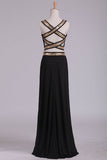 2024 Black Open Back Two Pieces Sheath Prom Dresses Spandex With Beads And PLB5S6BH