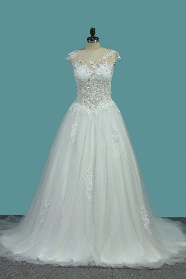 2024 A Line Tulle Scoop Wedding Dresses With Applique PRXB3EM9