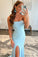 Light Blue Strapless Sequins Mermaid Evening Gown With Split Long Prom Dresses