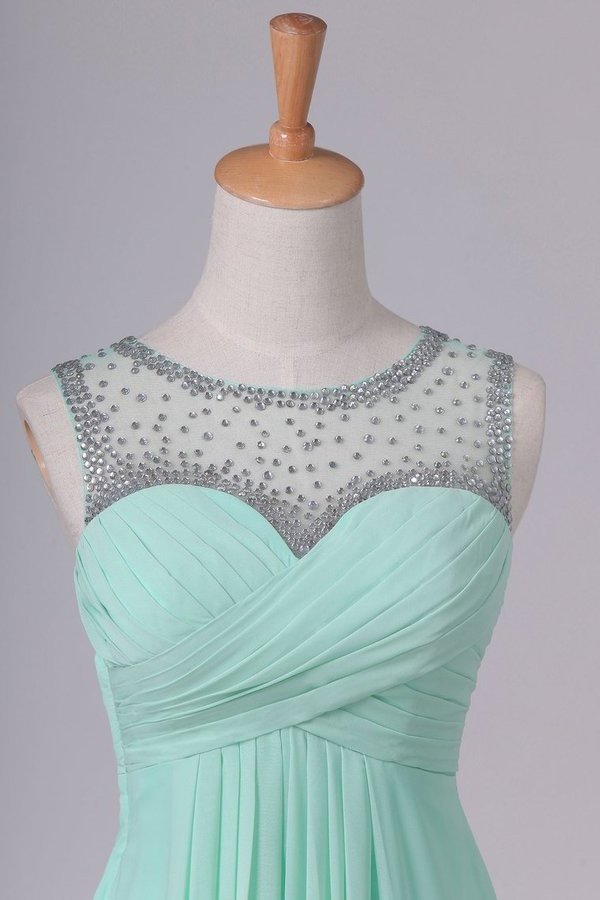 2022 Mint Scoop A Line Prom Dresses Chiffon With Beads & Ruffles Floor P8ELAPYL