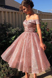 Elegant Off the Shoulder Pink Sequins Sweetheart Short Prom Dresses, Bridesmaid Dresses STG15189