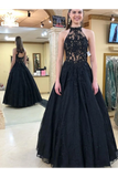 Halter Neckline Black Long Prom Dresses Formal Evening Dress Tulle STGPJHYQ138