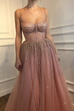 Sexy A-Line Spaghetti Straps Rhinestone Tulle Sweetheart Evening Dresses Pink Formal Dresses STG15329