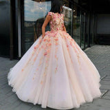 Princess Ball Gown Pink Tulle Prom Dresses with Handmade Flowers, Quinceanera STG15658