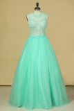 2024 Scoop A Line Tulle Prom Dresses With Applique PQHNME56
