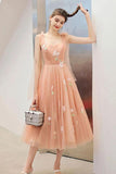 Cute Tea Length A Line Pink Short Prom Dress Sweet 16 Dresses with Hand Made Flower STG15138