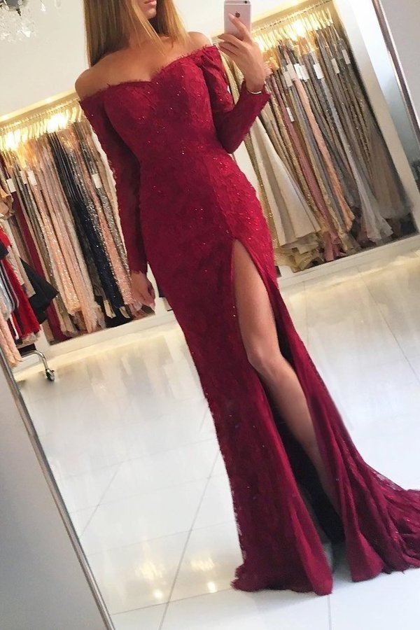 2022 Off The Shoulder Mermaid Long Sleeves Prom Dresses Lace With Slit PR6DZTYY