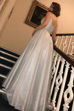 Glitter Long Prom Dresses A-Line V Neck Sequins Formal STGPM5GPNTE