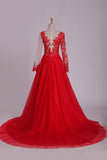2024 Scoop Prom Dresses Long Sleeves Tulle With Slit And Applique PA539RCY