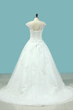 2024 A Line V Neck Wedding Dresses Tulle With Applique And Beads PEG67FLZ