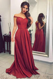 Satin Off the Shoulder A-line Sweep Train Sashes Sweetheart Burgundy Prom Dresses STG13450