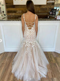 Beautiful Sleeveless Tulle Lace Appliques Mermaid Long Prom Dresses