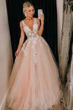 Puffy Deep V Neck Sleeveless Tulle Prom Dresses A Line Appliqued Floor Length Party STGPJ7FHZZE