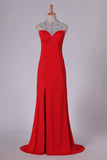2024 Red High Neck Prom Dresses Sheath/Colum With Beading P3XSANTS