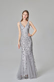 Sexy V Neck Silver Mermaid Prom Dresses, Embroidered Sequins Long Evening Dresses STG15368