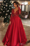 Elegant Long Sleeve Red Lace Beads Long Prom Dresses, A Line Satin Evening Dresses STG15174