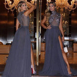 Navy Blue Lace Sheer Prom Dress Formal Dress Sexy Prom Dress Party Dress
