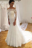 Unique Mermaid Off the Shoulder Ivory Lace 3/4 Sleeves Wedding Dresses, Wedding Gowns STG15460