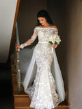 Mermaid Long Sleeve Lace Appliques Off the Shoulder Detachable Train Wedding Dresses STG15262