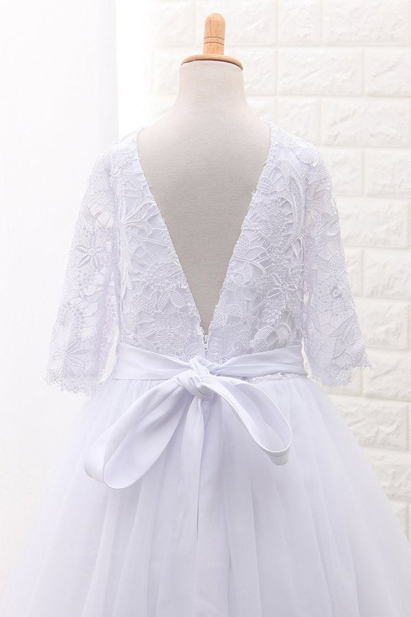 2022 Mid-Length Sleeves Scoop Ball Gown Flower Girl Dresses Tulle PQ15XLTJ