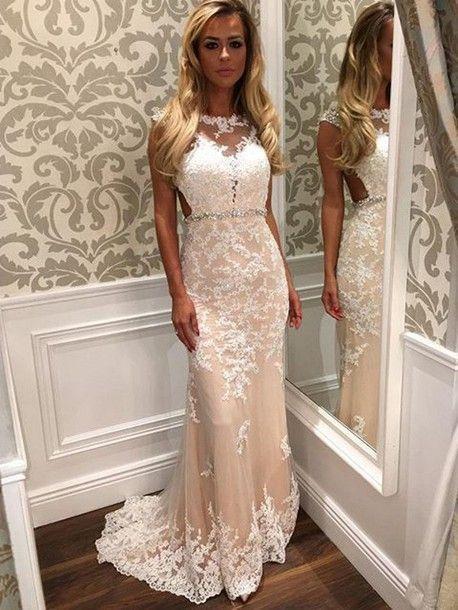 Charming Lace Mermaid Long Sexy Sleeveless Beading See Through Prom Dresses