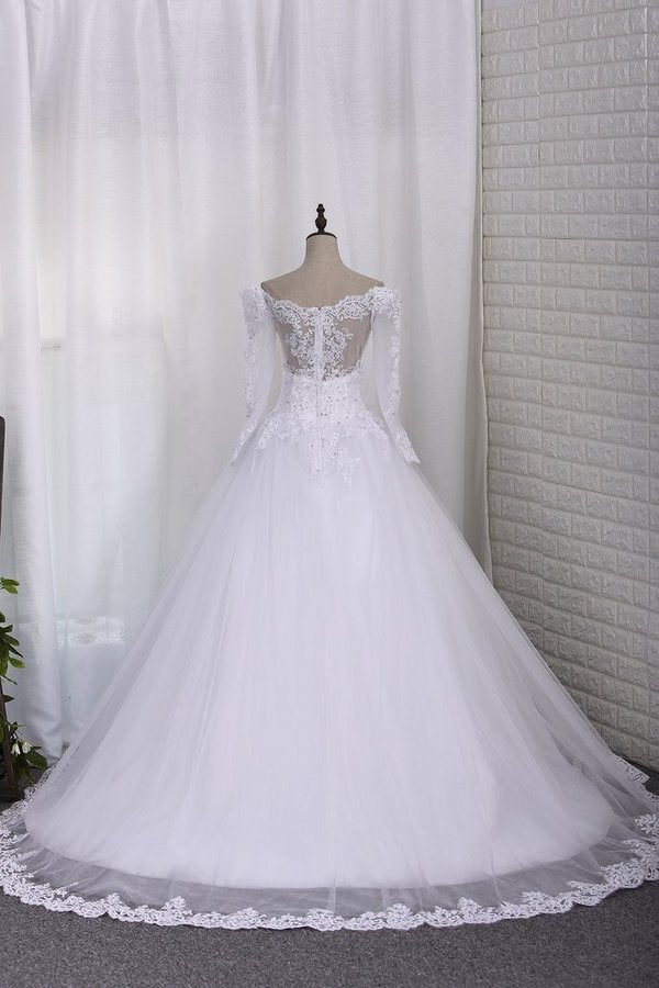 2022 New Wedding Dress A-Line Scoop Long Sleeves Tulle Court Train PF99PYZP