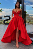 Elegant A Line Red Strapless High Low Prom Dresses with Pockets, Long Party Dresses STG15148