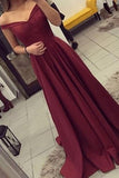 Satin Off the Shoulder A-line Sweep Train Sashes Sweetheart Burgundy Prom Dresses STG13450