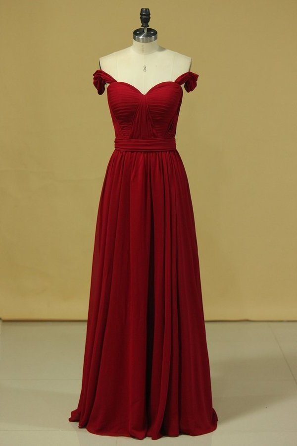 2024 Burgundy/Maroon Prom Dresses Off The Shoulder A Line Chiffon Floor Length With PGM57AAN