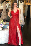 Sparkly V Neck A Line Red Spaghetti Straps Prom Dresses with Slit, Evening STG20447