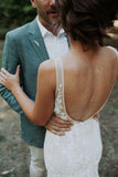 Elegant Mermaid Lace Appliques Straps V Neck Ivory Wedding Dresses, Beach Wedding Gowns STG15515