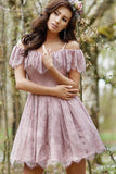 A-Line Cold Shoulder Purple Lace Homecoming Party Dress with Ruffles Prom Dresses STG14965