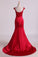 2022 Mermaid Prom Dresses Scoop Satin & Tulle Burgundy/Maroon With Beading Sweep PLREZ1Z6