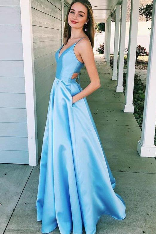 A-Line V Neck Light Blue Satin Cut Out Prom Dresses with Pockets Sleeveless
