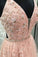 A-Line V Neck Spaghetti Straps Open Back Blush Lace Appliques Long Prom Dresses