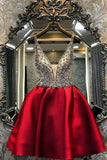 A-line Burgundy Satin Homecoming Dress Short V Neck with Beading Prom Dresses