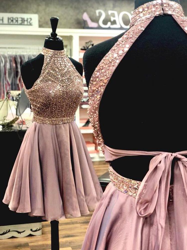 A Line Halter Open Back Chiffon Blush Pink Short Homecoming Dresses with Beading