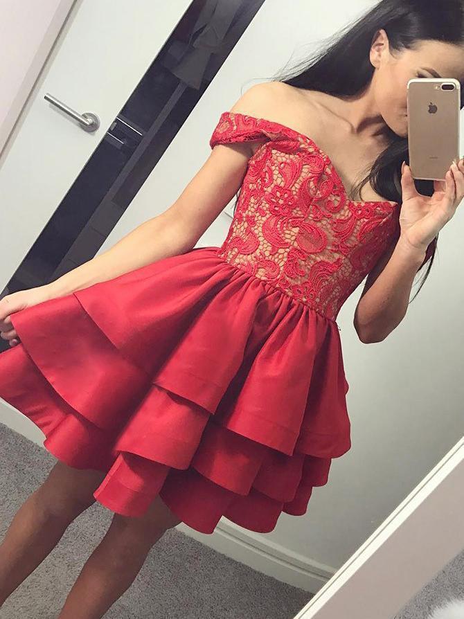 A Line Off the Shoulder Lace Red Satin Ruffles Layered Short Homecoming Dresses