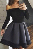 A Line Black and White Off the Shoulder Long Sleeve Short Homecoming Dresses with Lace