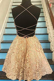 A Line Blue Lace Appliques Homecoming Dresses Backless Above Knee Short Prom Dresses
