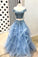 A Line Blue Lace Off the Shoulder Tulle Ruffled Beaded Two Piece Prom Dresses