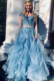 A Line Blue Lace Off the Shoulder Tulle Ruffled Beaded Two Piece Prom Dresses